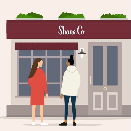 An illustration of two women standing outside of a Shane Co store
