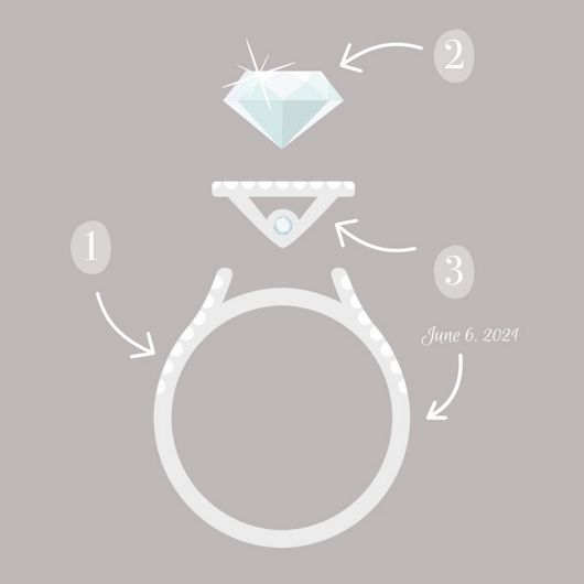 An illustration of an engagement ring setting, decorative crown and diamond center stone