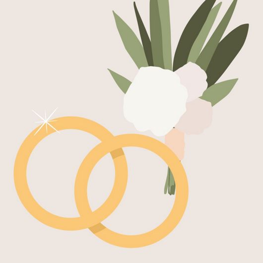 An illustration of two wedding bands and a bouquet