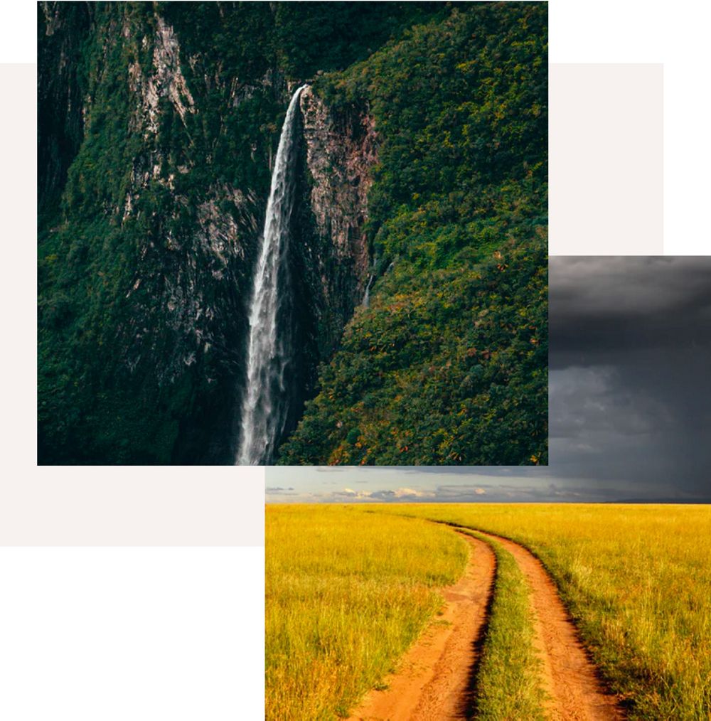 Scenic imagery of a waterfall and a field