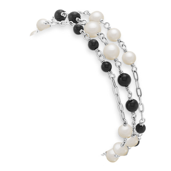4mm Cultured Freshwater Pearl, Black Agate and Sterling Silver Bracelet (8") 4mm Cultured Freshwater Pearl, Black Agate and Sterling Silver Bracelet (8")