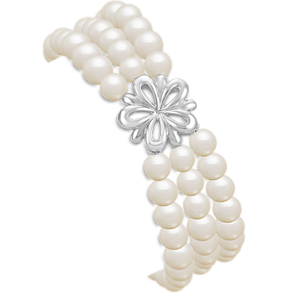 5.5mm Cultured Freshwater Pearl and Sterling Silver Floral Bracelet (7.5") 5.5mm Cultured Freshwater Pearl and Sterling Silver Floral Bracelet (7.5")