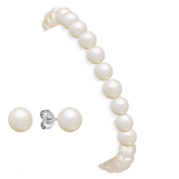 6.5-8mm Cultured Freshwater Pearl Bracelet and Earring Set in Sterling Silver (7.5") 6.5-8mm Cultured Freshwater Pearl Bracelet and Earring Set in Sterling Silver (7.5")