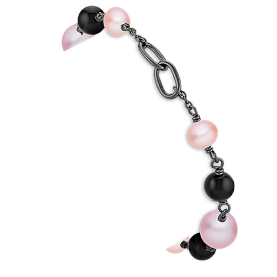 6.5-9mm Multi-colored Cultured Freshwater Pearl, Black Agate and Sterling Silver Bracelet (7.5") 6.5-9mm Multi-colored Cultured Freshwater Pearl, Black Agate and Sterling Silver Bracelet (7.5")