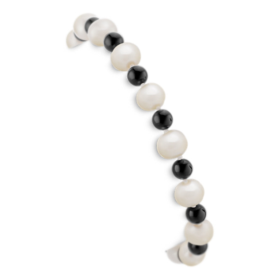 6.5mm Cultured Freshwater Pearl, Black Agate and Sterling Silver Bracelet (7.5") 6.5mm Cultured Freshwater Pearl, Black Agate and Sterling Silver Bracelet (7.5")