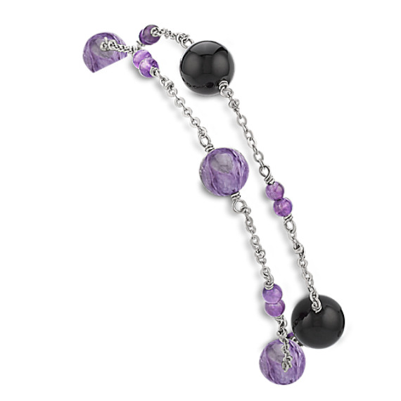 Amethyst, Charoite, Black Agate and Sterling Silver Bracelet (7.5") Amethyst, Charoite, Black Agate and Sterling Silver Bracelet (7.5")