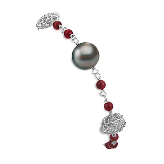 Garnet, 10mm Cultured Tahitian Pearl, and Sterling Silver Bracelet (7.5") Garnet, 10mm Cultured Tahitian Pearl, and Sterling Silver Bracelet (7.5")