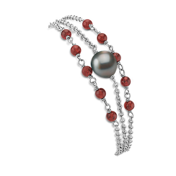 Garnet, 9mm Cultured Tahitian Pearl and Sterling Silver Bracelet (7.5") Garnet, 9mm Cultured Tahitian Pearl and Sterling Silver Bracelet (7.5")