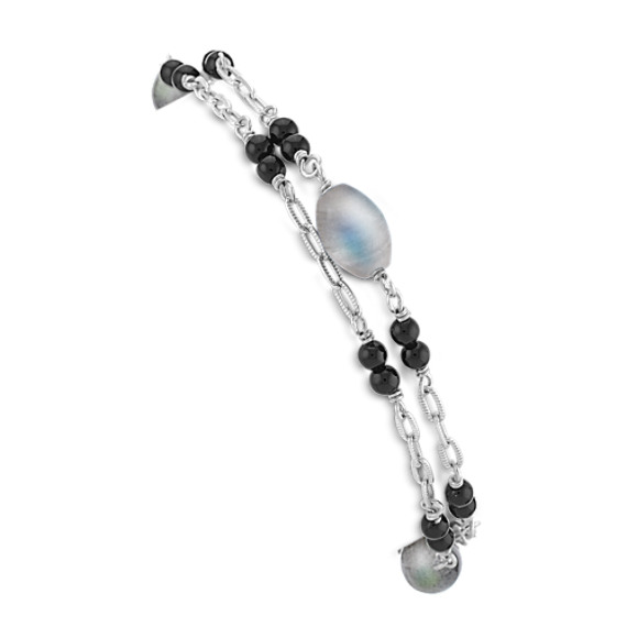 Grey Labradorite, Black Agate and Sterling Silver Bracelet (7.5") Grey Labradorite, Black Agate and Sterling Silver Bracelet (7.5")
