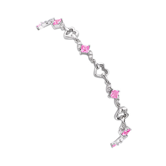 Princess Cut Pink Sapphire and Diamond Heart Bracelet (7") Princess Cut Pink Sapphire and Diamond Heart Bracelet (7")