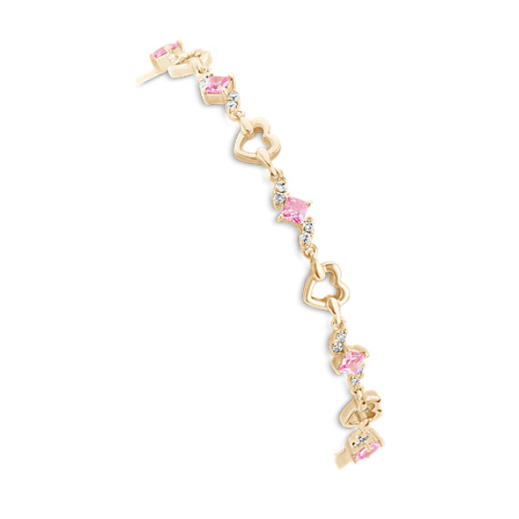 Princess Cut Pink Sapphire and Diamond Heart Bracelet (7") Princess Cut Pink Sapphire and Diamond Heart Bracelet (7")