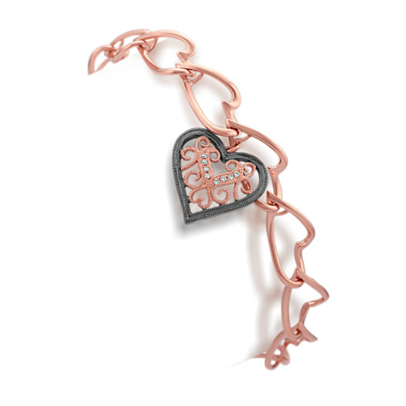 Round Diamond Heart Bracelet in 14k Rose Gold (7") Round Diamond Heart Bracelet in 14k Rose Gold (7")