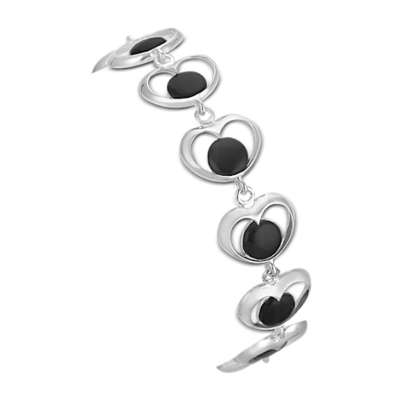 Sterling Silver and Black Agate Heart Bracelet (7.5") Sterling Silver and Black Agate Heart Bracelet (7.5")