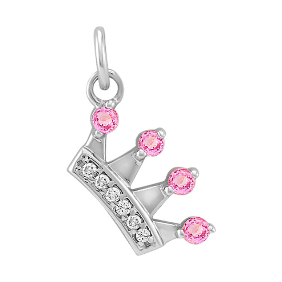 Round Pink Sapphire and Diamond Crown Charm in 14k White Gold Round Pink Sapphire and Diamond Crown Charm in 14k White Gold