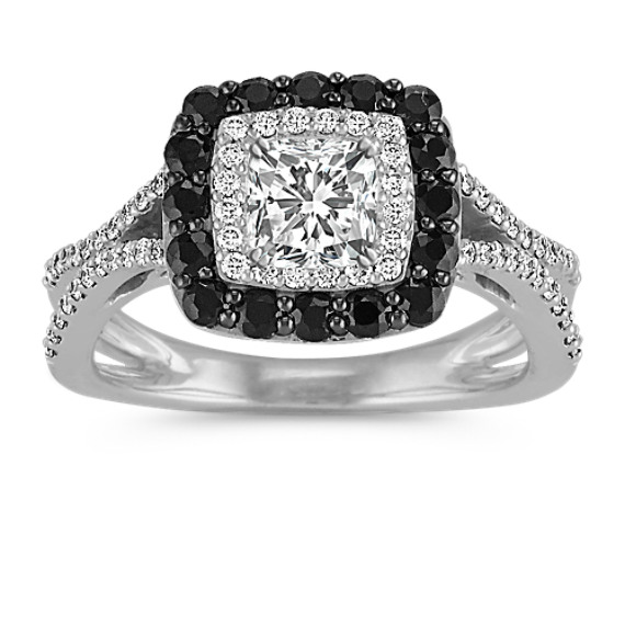 Cushion Double Halo Engagement Ring with Black Sapphires and Diamonds Cushion Double Halo Engagement Ring with Black Sapphires and Diamonds