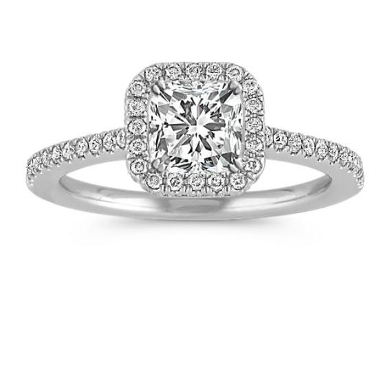 Cushion Halo Platinum Engagement Ring with Pavé-Set Diamonds Cushion Halo Platinum Engagement Ring with Pavé-Set Diamonds