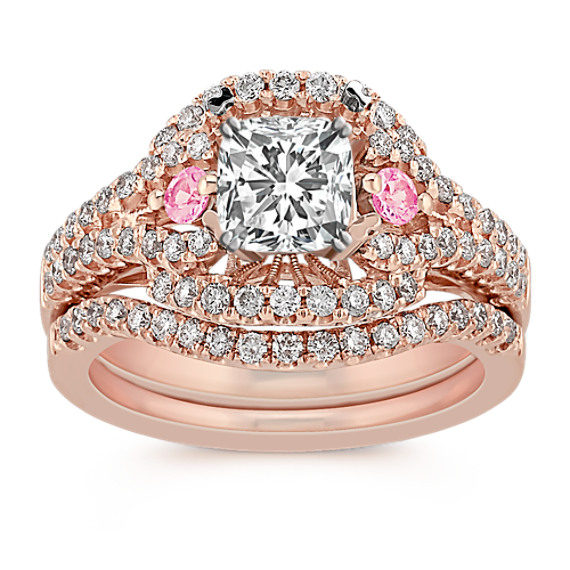 Halo Round Pink Sapphire and Diamond Wedding Set Halo Round Pink Sapphire and Diamond Wedding Set