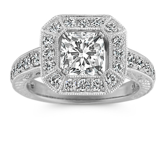 Halo Vintage Engraved Engagement Ring with Pavé-Setting in Platinum Halo Vintage Engraved Engagement Ring with Pavé-Setting in Platinum