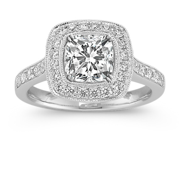 Cushion Halo Diamond Engagement Ring with Pavé Setting Cushion Halo Diamond Engagement Ring with Pavé Setting