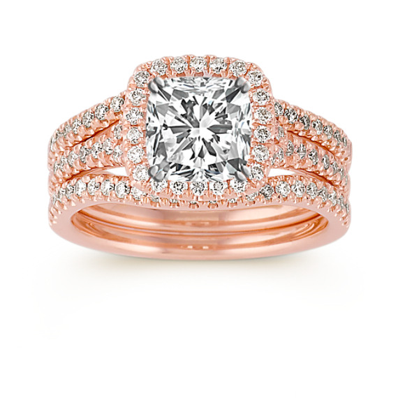 Halo Diamond Rose Gold Wedding Set with Pavé Setting Halo Diamond Rose Gold Wedding Set with Pavé Setting