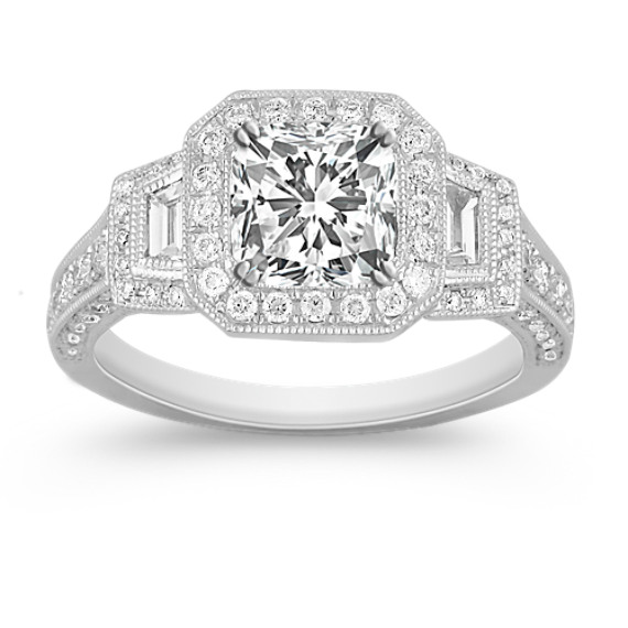 Halo Trapezoid and Round Diamond Engagement Ring in Two-Tone Gold Halo Trapezoid and Round Diamond Engagement Ring in Two-Tone Gold