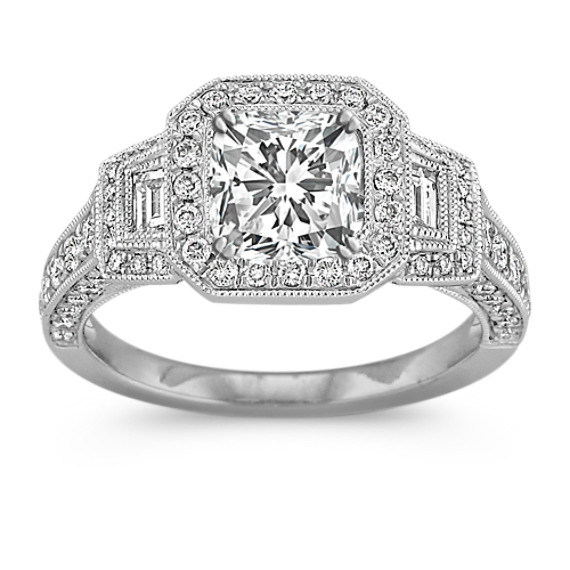 Halo Vintage Baguette and Round Diamond Engagement Ring in Two-Tone Gold Halo Vintage Baguette and Round Diamond Engagement Ring in Two-Tone Gold