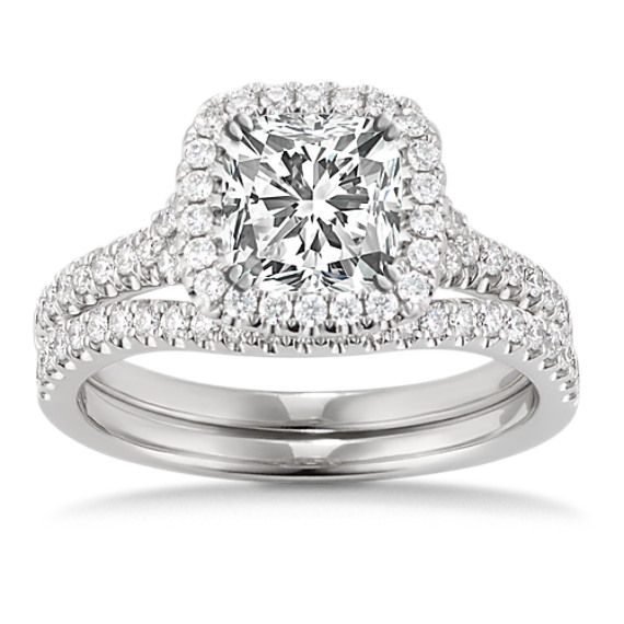 Halo Diamond Split Shank Wedding Set with Pavé Setting Halo Diamond Split Shank Wedding Set with Pavé Setting