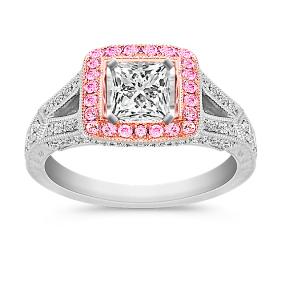 Halo Pink Sapphire and Diamond Platinum and 14k Rose Gold Engagement Ring Halo Pink Sapphire and Diamond Platinum and 14k Rose Gold Engagement Ring
