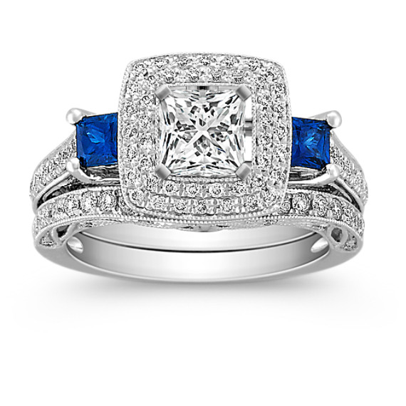 Halo Vintage Princess Cut Sapphire and Round Diamond Wedding Set Halo Vintage Princess Cut Sapphire and Round Diamond Wedding Set