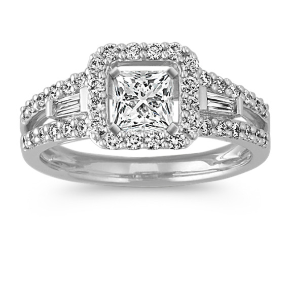 Halo Baguette and Round Diamond Engagement Ring with Pavé Setting Halo Baguette and Round Diamond Engagement Ring with Pavé Setting