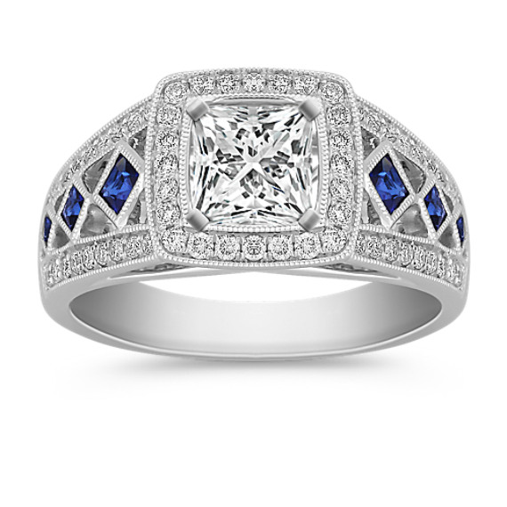 Halo Princess Cut Sapphire and Round Diamond Engagement Ring Halo Princess Cut Sapphire and Round Diamond Engagement Ring