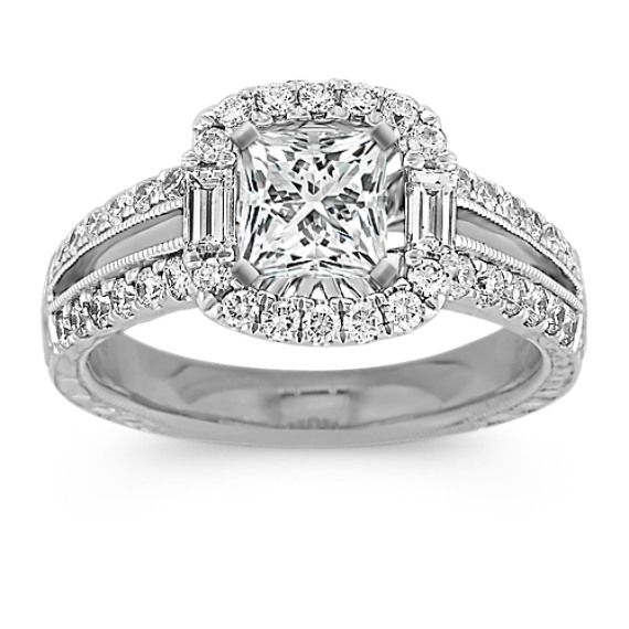 Halo with Side Baguette and Round Diamond Engagement Ring with Pave Setting Halo with Side Baguette and Round Diamond Engagement Ring with Pave Setting