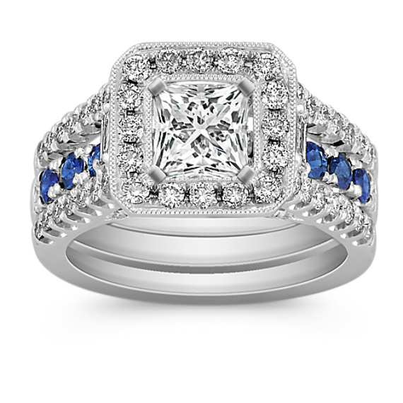 Halo Sapphire, Round and Baguette Diamond Wedding Set Halo Sapphire, Round and Baguette Diamond Wedding Set