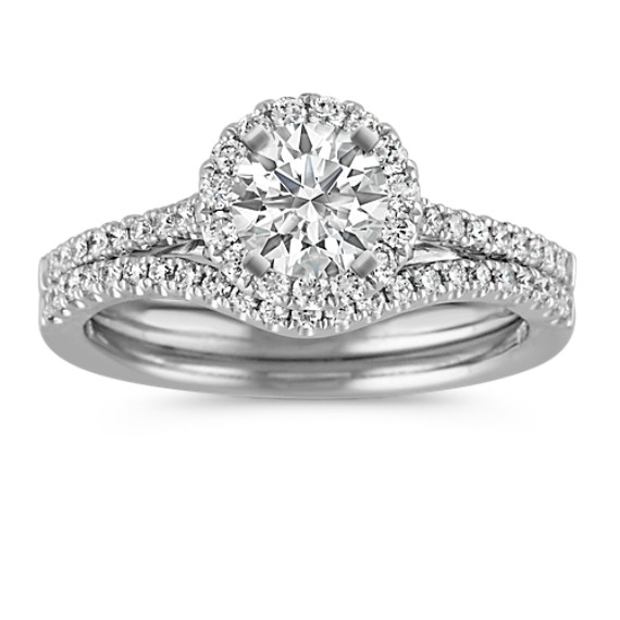Round Halo Diamond Platinum Wedding Set with Pavé Setting Round Halo Diamond Platinum Wedding Set with Pavé Setting