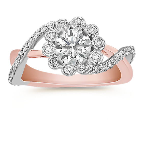 Floral Round Diamond Ring in 14k White and Rose Gold Floral Round Diamond Ring in 14k White and Rose Gold