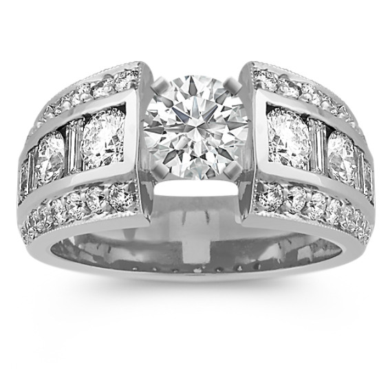 Round and Baguette Diamond Engagement Ring in White Gold Round and Baguette Diamond Engagement Ring in White Gold