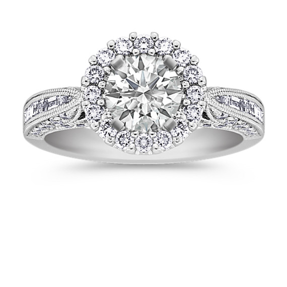 Halo Baguette and Round Diamond Platinum Engagement Ring Halo Baguette and Round Diamond Platinum Engagement Ring