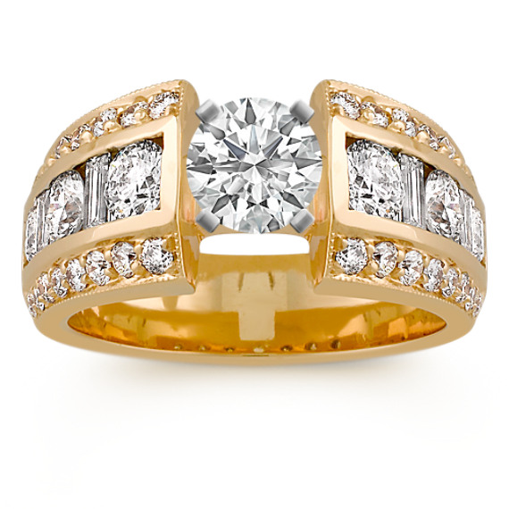 Round and Baguette Diamond Engagement Ring in Yellow Gold Round and Baguette Diamond Engagement Ring in Yellow Gold
