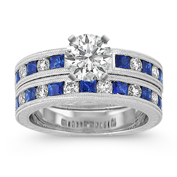 Princess Cut Sapphire and Round Diamond Wedding Set Princess Cut Sapphire and Round Diamond Wedding Set