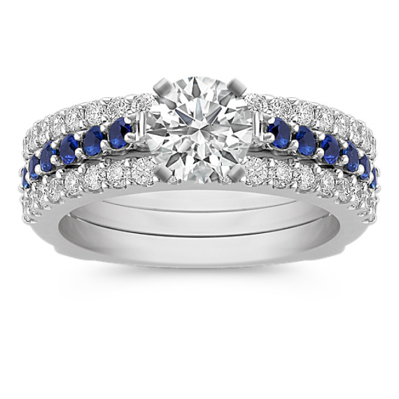 Three Row Round Sapphire and Diamond Wedding Set with Pavé Setting Three Row Round Sapphire and Diamond Wedding Set with Pavé Setting