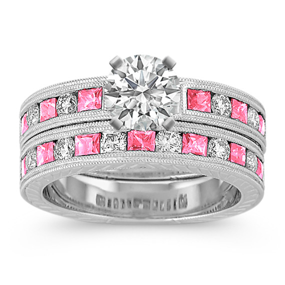 Vintage Princess Cut Pink Sapphire and Round Diamond Wedding Set Vintage Princess Cut Pink Sapphire and Round Diamond Wedding Set