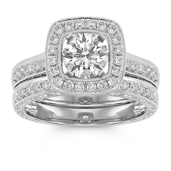 Halo Vintage Pavé Set Diamond Wedding Set in 14k White Gold Halo Vintage Pavé Set Diamond Wedding Set in 14k White Gold