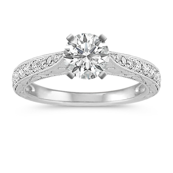 Vintage Cathedral 14k White Gold Engagement Ring with Engraving and Pavé Setting Vintage Cathedral 14k White Gold Engagement Ring with Engraving and Pavé Setting
