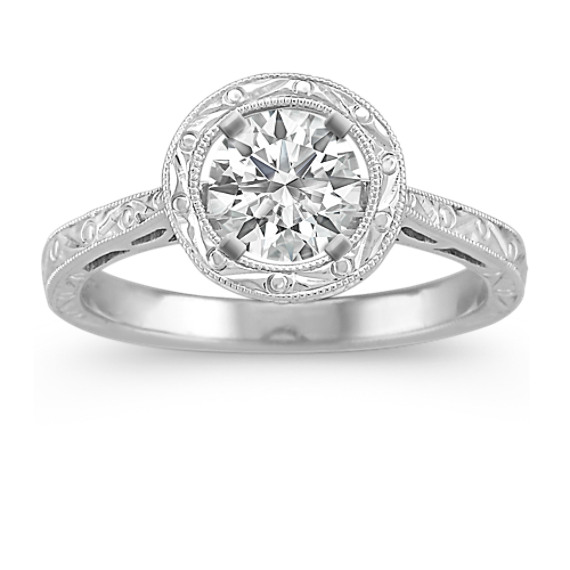 Engraved Round Halo Engagement Ring in 14k White Gold Engraved Round Halo Engagement Ring in 14k White Gold