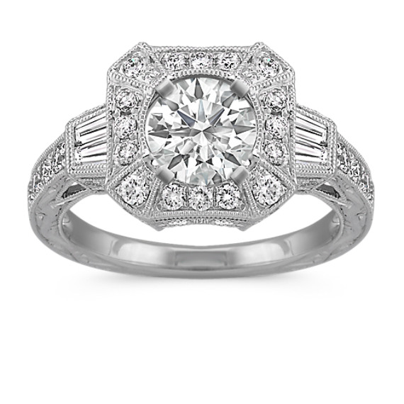 Vintage Halo Baguette and Round Diamond Engagement Ring Vintage Halo Baguette and Round Diamond Engagement Ring