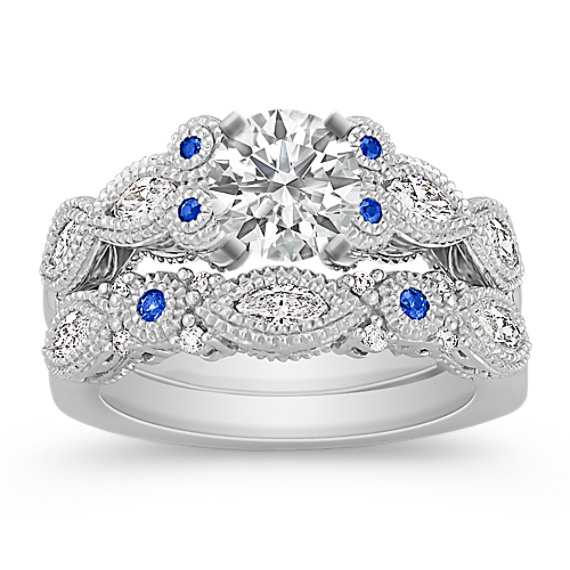 Vintage Marquise Diamond and Round Sapphire Wedding Set Vintage Marquise Diamond and Round Sapphire Wedding Set