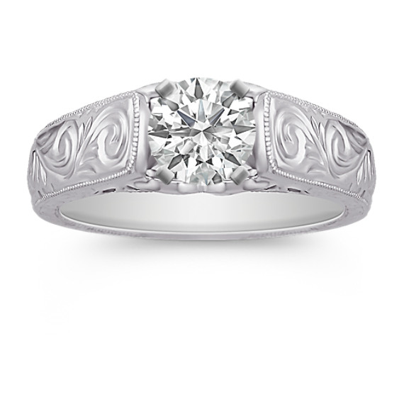 Engraved Swirl Vintage Solitaire 14k White Gold Engagement Ring Engraved Swirl Vintage Solitaire 14k White Gold Engagement Ring