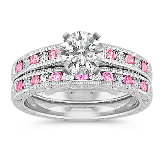 Vintage Round Pink Sapphire and Diamond Wedding Set Vintage Round Pink Sapphire and Diamond Wedding Set