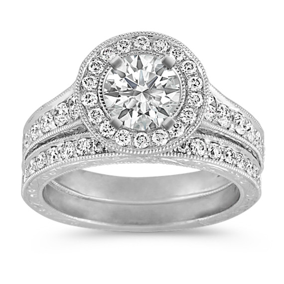 Vintage Platinum Halo Diamond Engagement Ring with Pavé Setting Vintage Platinum Halo Diamond Engagement Ring with Pavé Setting