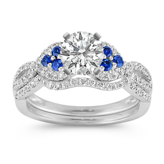 Round Sapphire and Diamond Wedding Set with Pavé Setting Round Sapphire and Diamond Wedding Set with Pavé Setting